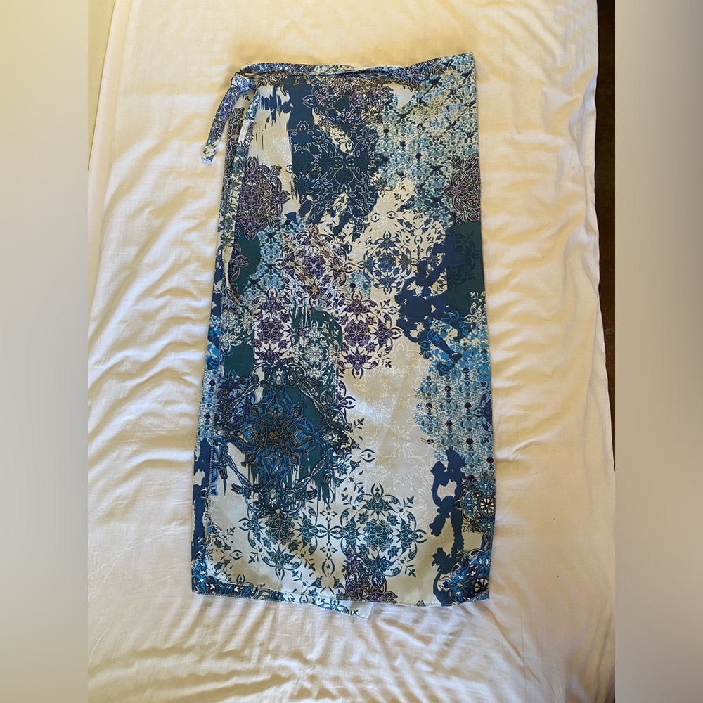 Blue and White Patterned Wrap Midi Skirt
